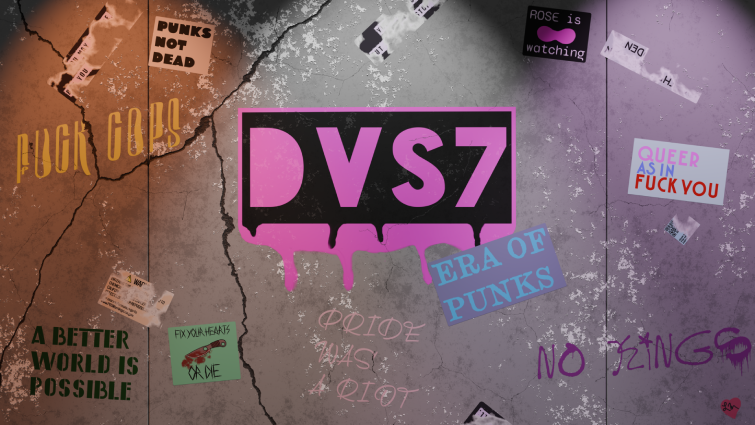 DVS7 punk collage artwork with the pink Digital Villainy Summit logo and queer protest stickers