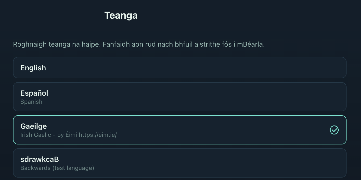 Language selection screen in PuppyClicker with Gaeilge selected and credited to &Eacute;im&iacute;