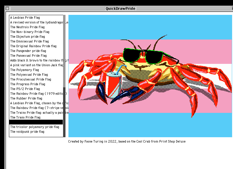 QuickDrawPride showing the Cool Crab Trans Flag in a classic Mac OS window